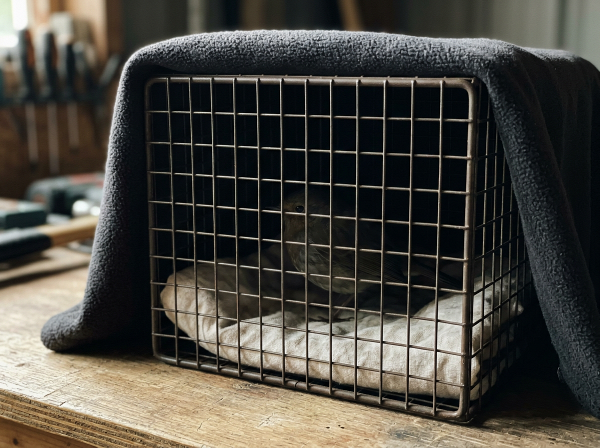 Bird in a ventilated dark recovery box after excessive struggling