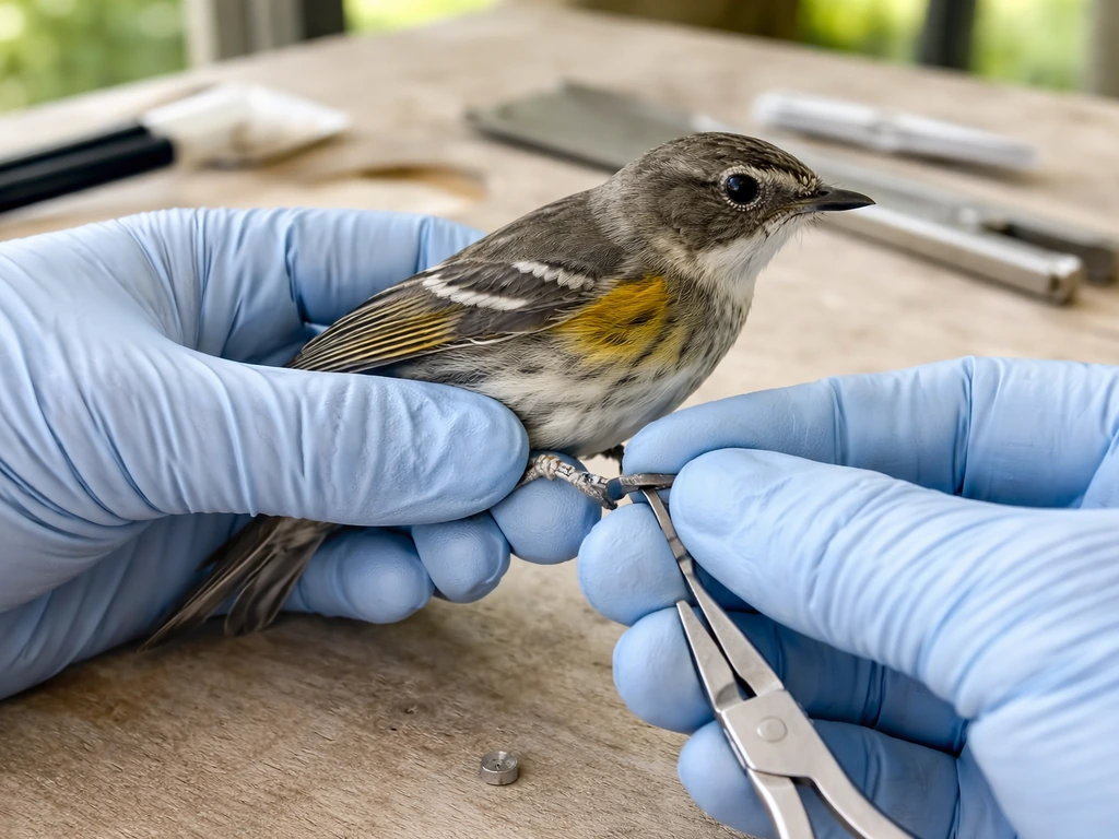 Gloved hands fitting a numbered bird band onto a small bird’s leg at a banding station