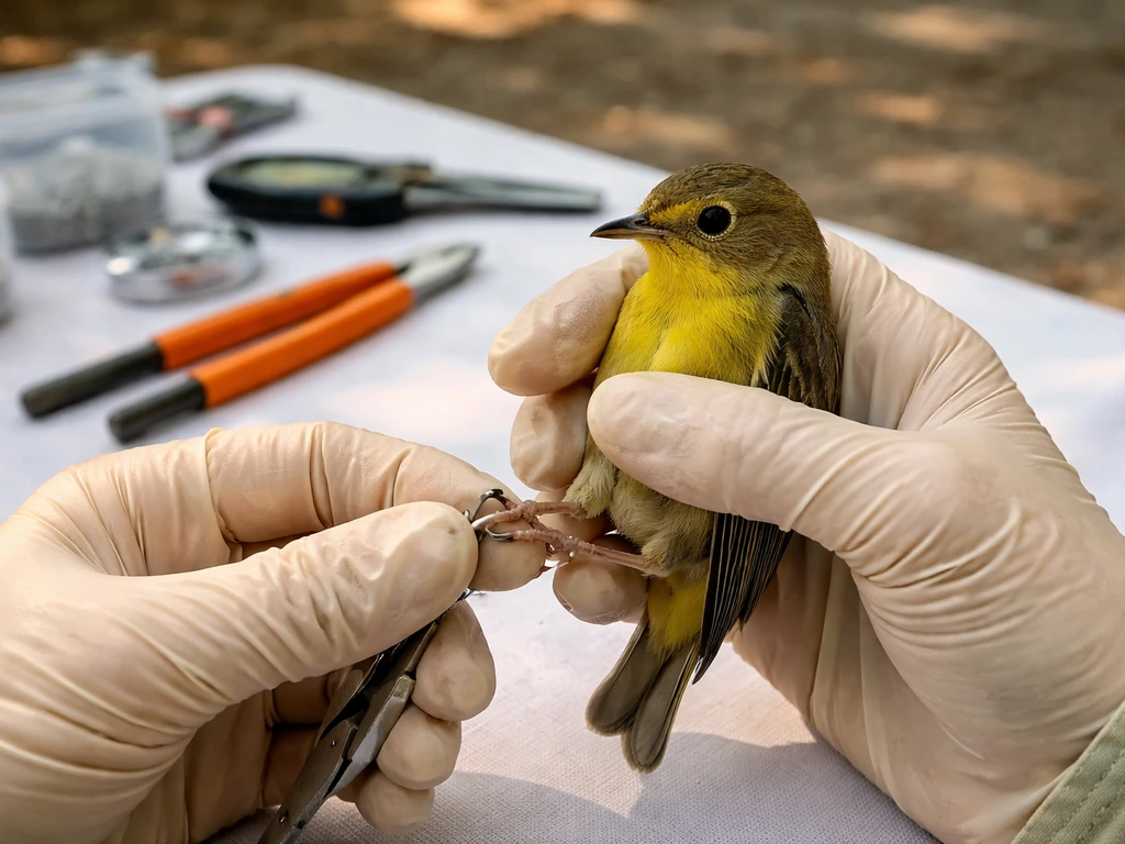 Gloved hands holding a small songbird over a tabletop while a bird band is positioned