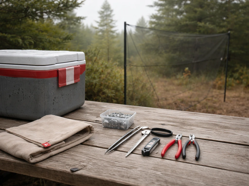 Minimal outdoor bird banding workbench with tools and mesh net frame in a Canadian forest setting.