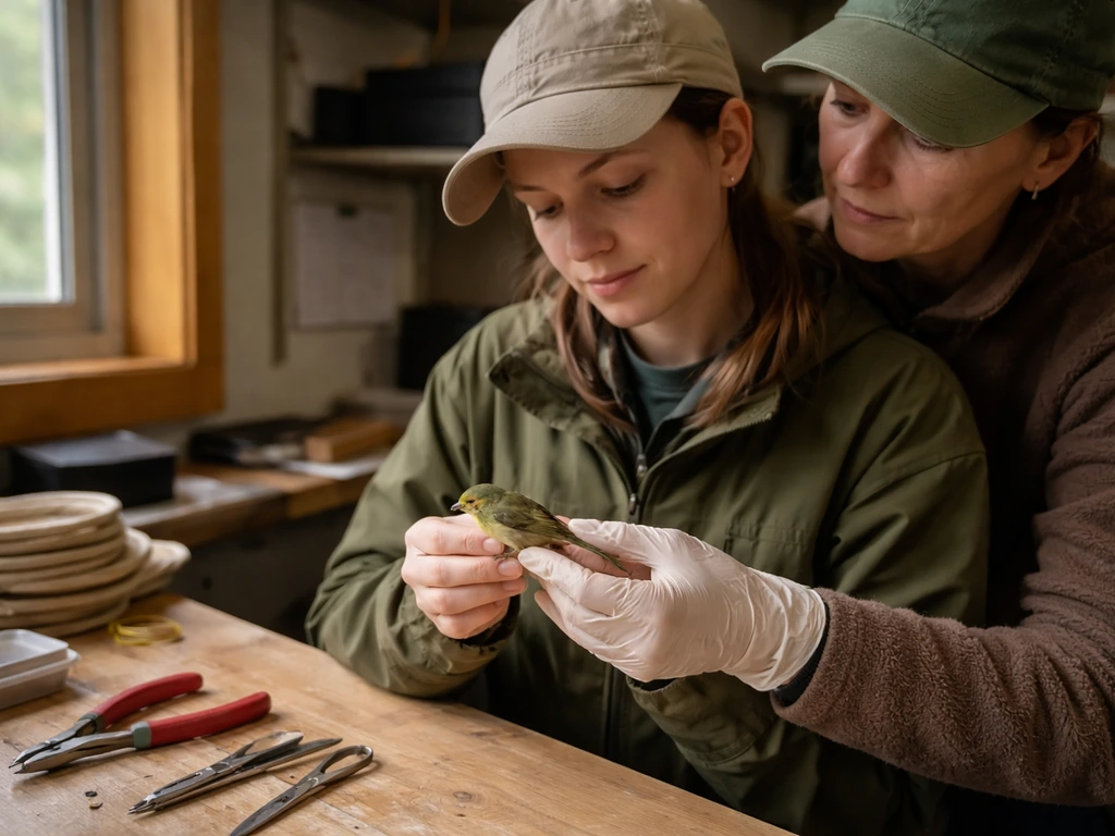 Trainee practicing safe bird handling at a banding station under a mentor’s close supervision.