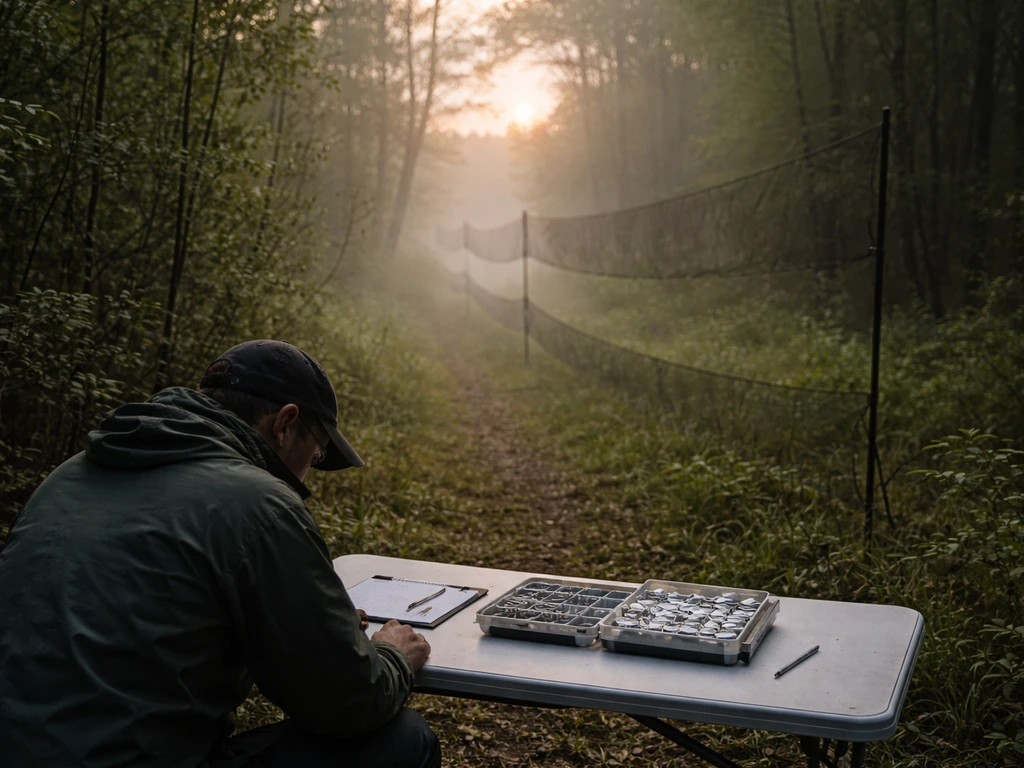 Mist nets set at dawn along a woodland edge with a field table ready for passerine bird banding.