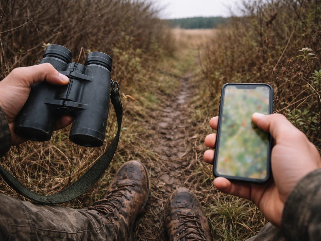 Boots on a brushy trail while scouting upland habitat with binoculars and a phone GPS view.