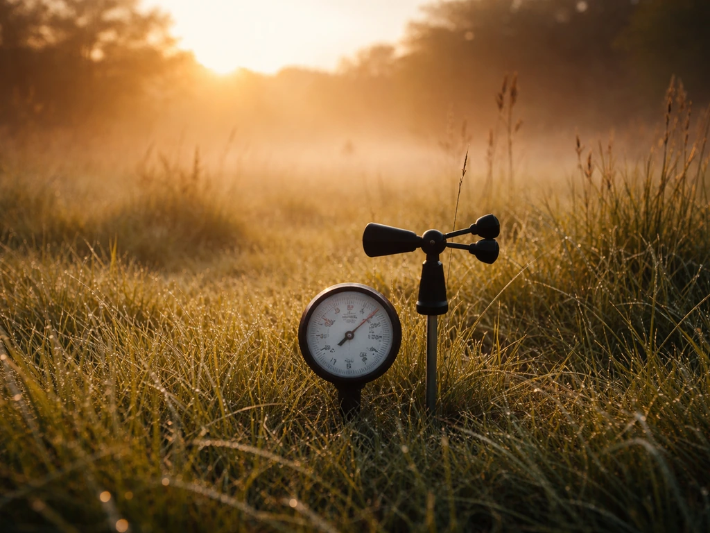Morning field scene with a handheld weather device and wind indicator near grass, suggesting bird activity timing.