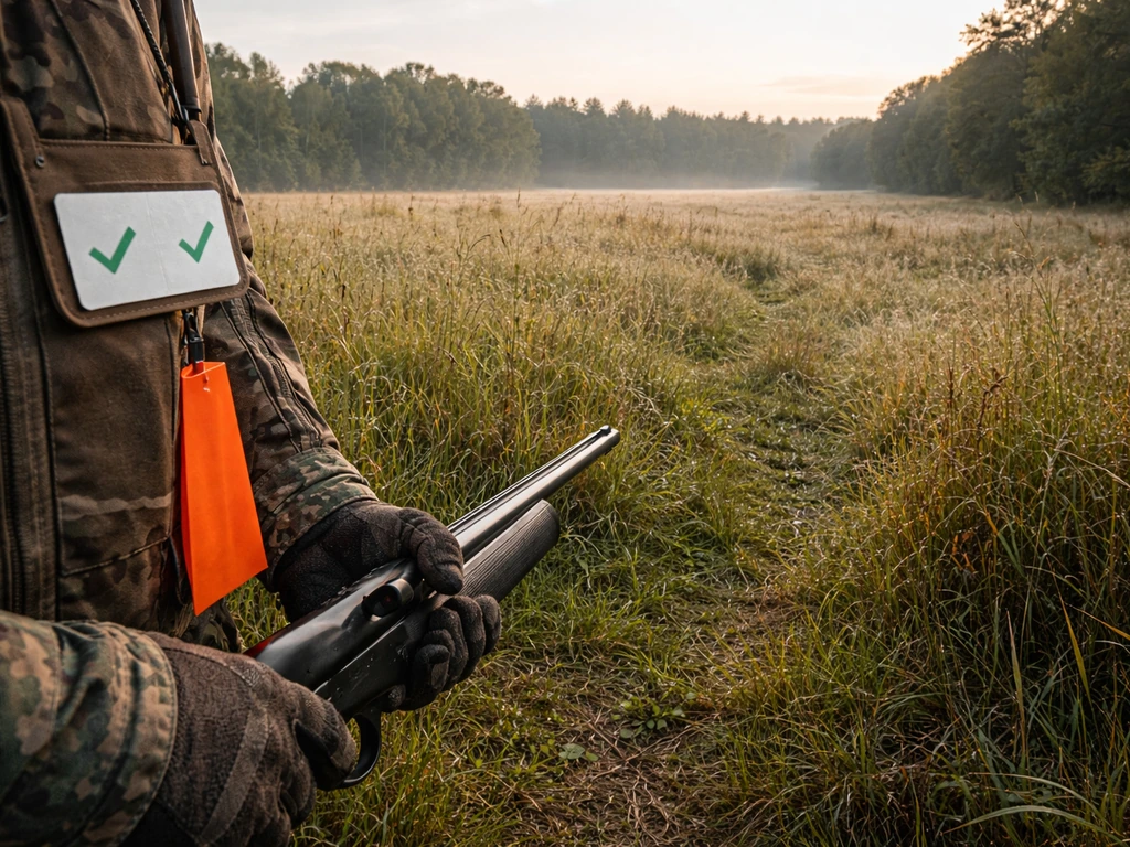 First-person view in a field showing muzzle discipline and safety checklist cues toward a clear backstop area.