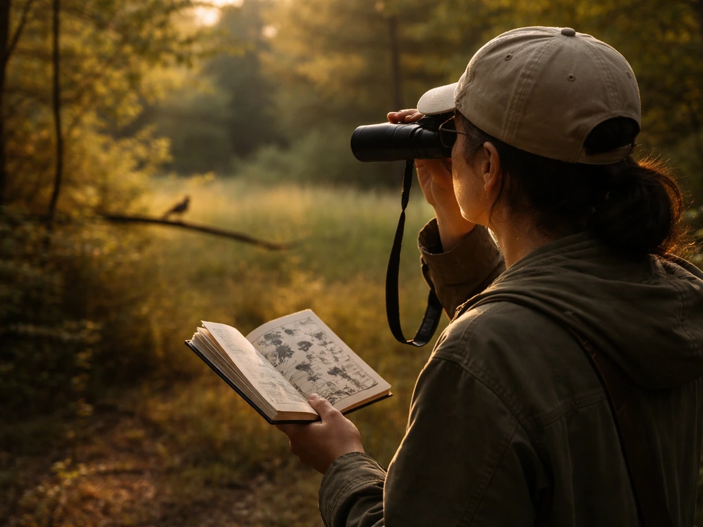 Birder in a natural woodland using binoculars while checking notes in a field guide