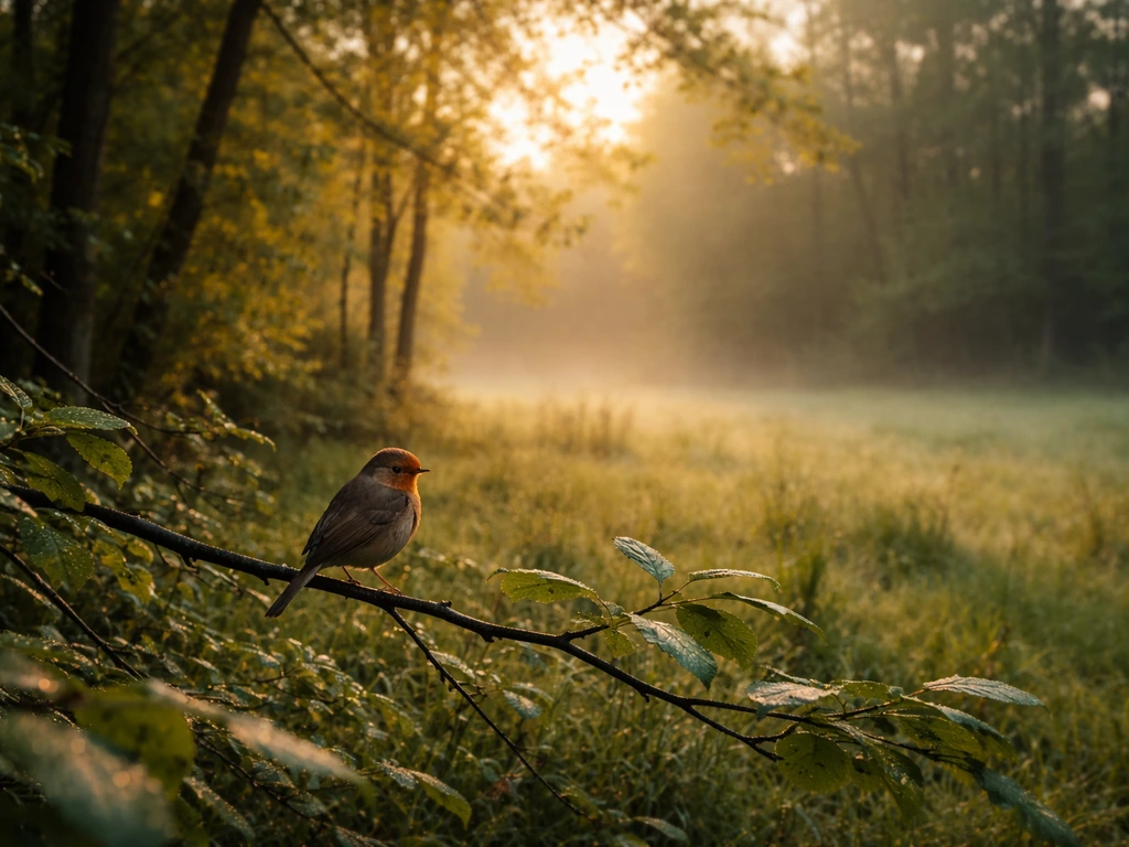 Morning light over a woodland edge with an out-of-focus small bird perched among leaves.