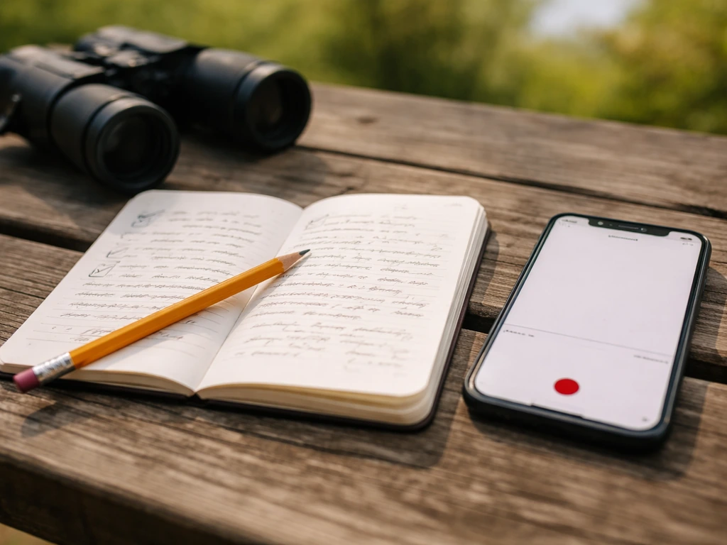Notebook with handwritten field notes beside a phone and pencil outdoors on a picnic table