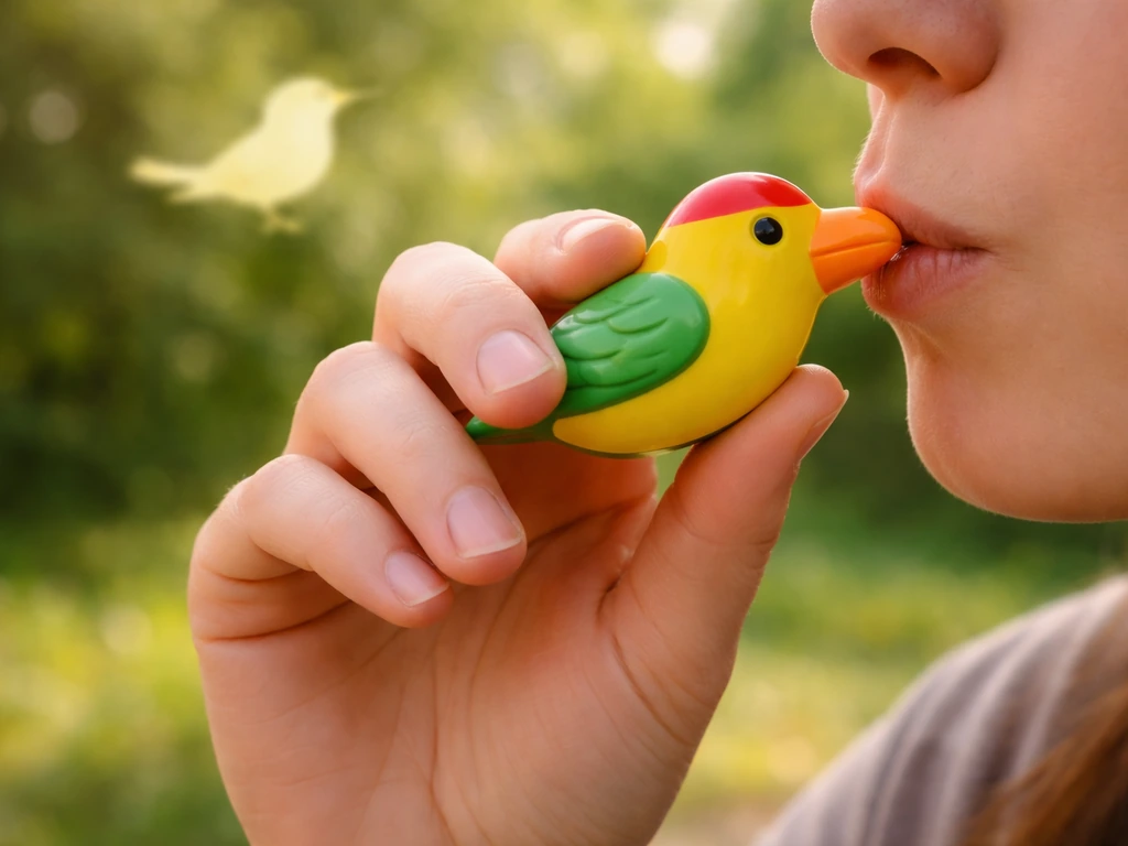 Hand holding a bird whistle toy near the mouth with a soft songbird bokeh in the background.