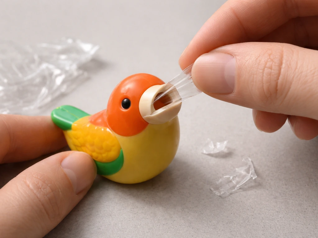 Close-up of a bird whistle toy as protective film is peeled from the mouthpiece/vent.