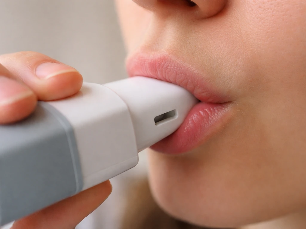 Close-up of lips gently holding an inhaler mouthpiece without blocking the side vent.