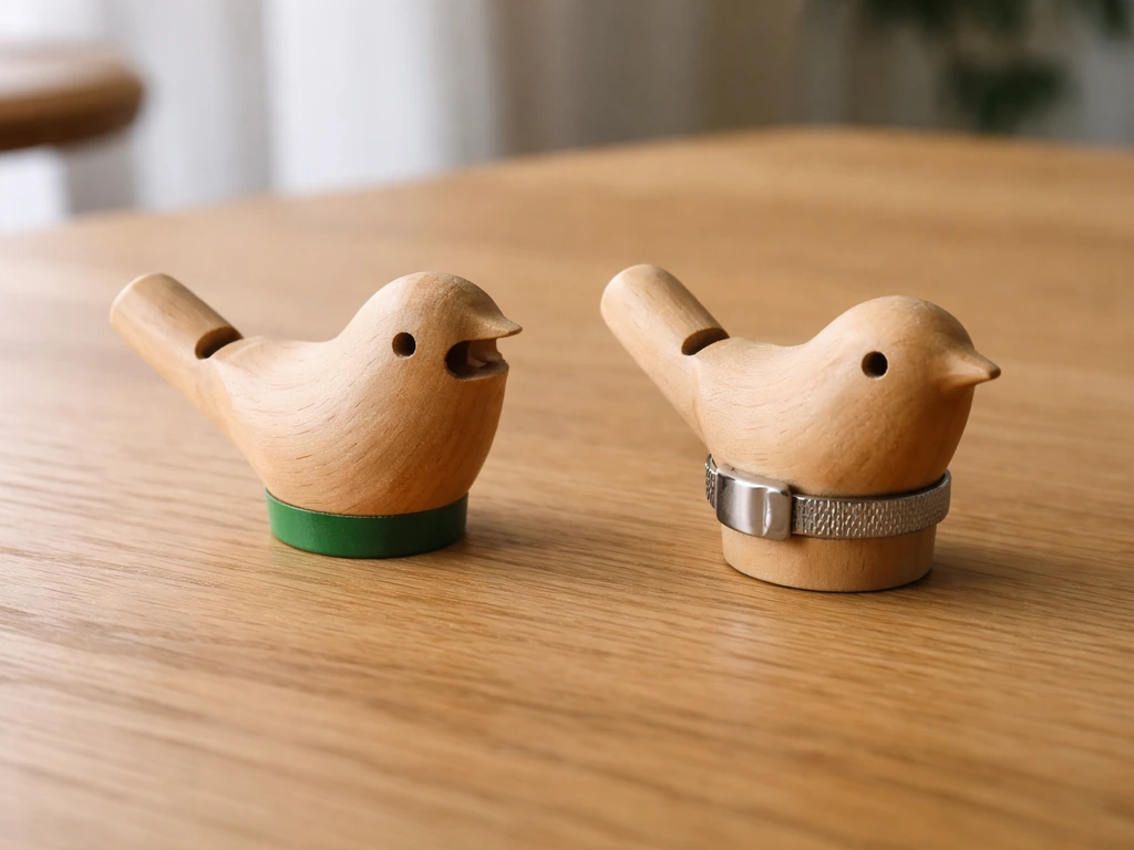 Two bird whistle toys on a wooden table, showing different pitch/volume/call adjustment mechanisms side by side.