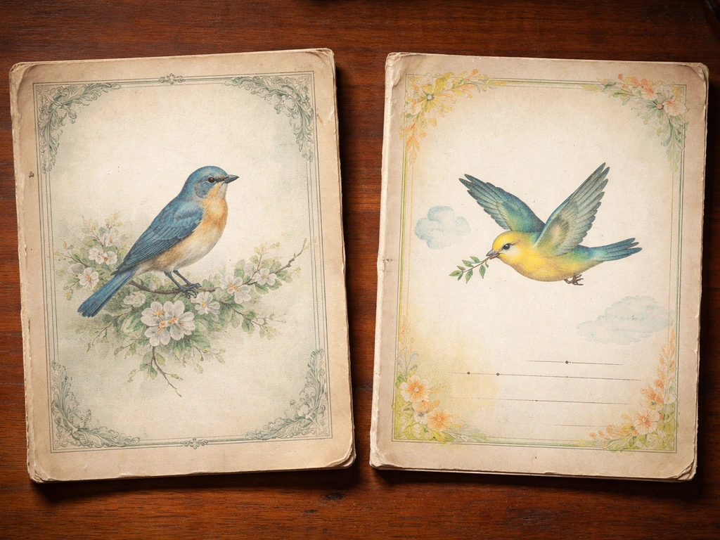 Two vintage music covers for Stanford’s L’Oiseau Bleu and the children’s Blue Bird circle game, side-by-side