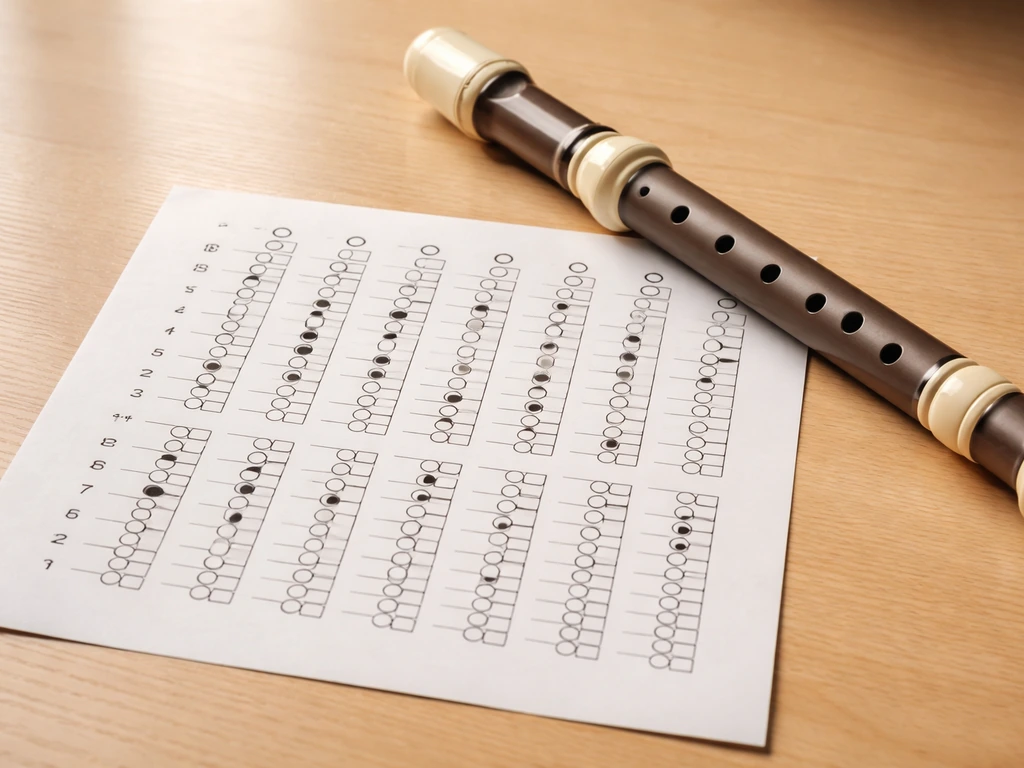 Close-up of a soprano recorder fingering reference chart on a desk with a recorder nearby.