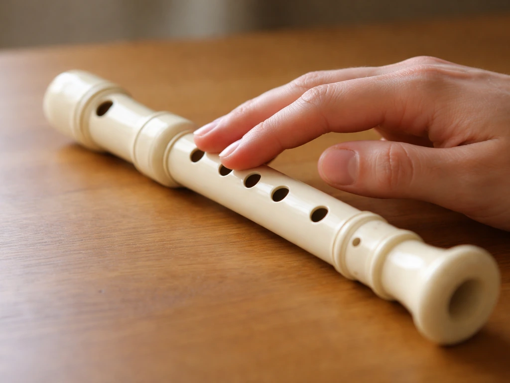 Close-up of a descant recorder on a table with a hand showing finger-hole coverage for the first phrase.
