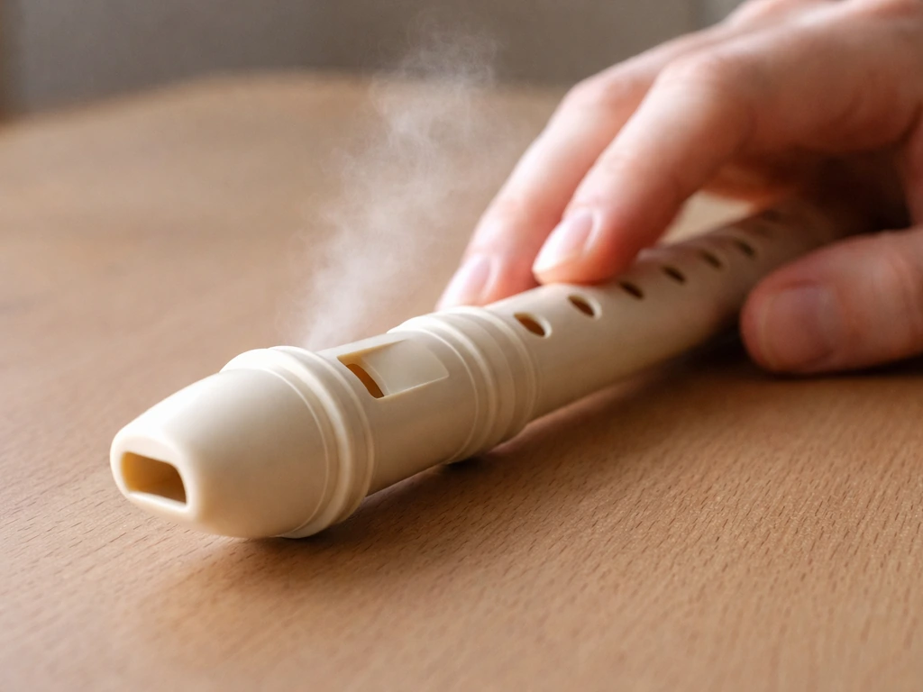 Close-up of a soprano recorder with a hand nearby and faint breath mist at the mouthpiece.
