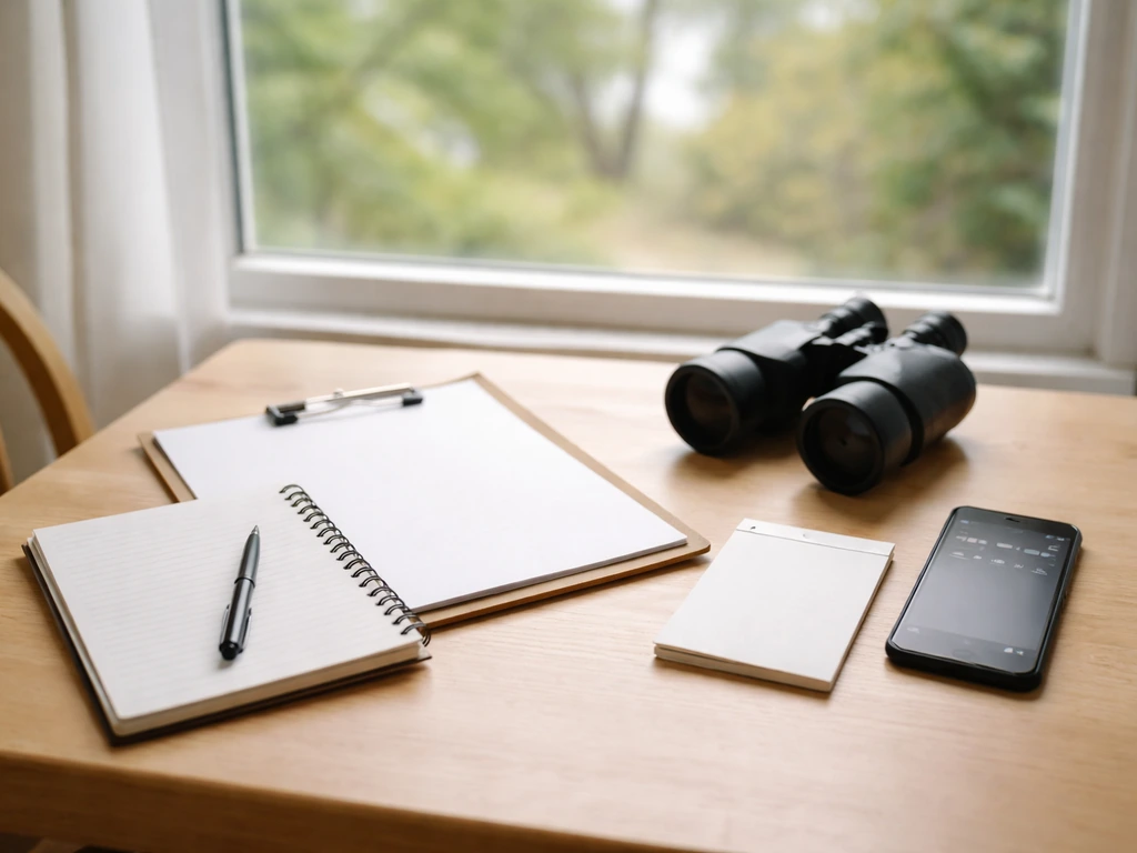 Minimal bird-counting planning setup with notebook, clipboard, binoculars, and a phone timer by a window.