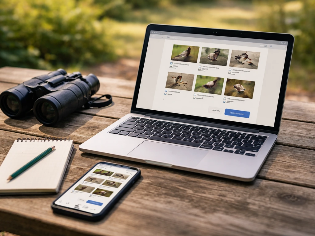 Laptop and phone with a generic bird checklist flow beside binoculars and a notebook outdoors.