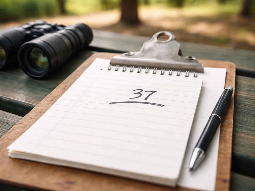 Close-up clipboard and notepad showing a highlighted single peak bird count entry, with binoculars nearby.