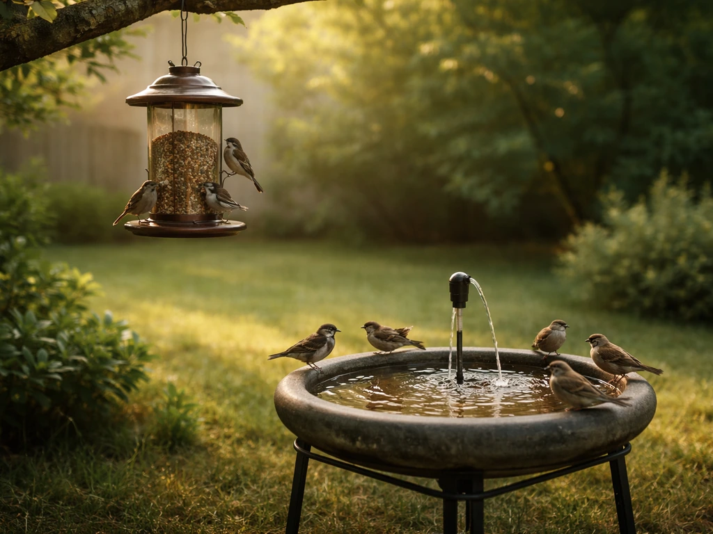 Backyard bird feeder and heated birdbath with small birds perched as they feed in morning light.