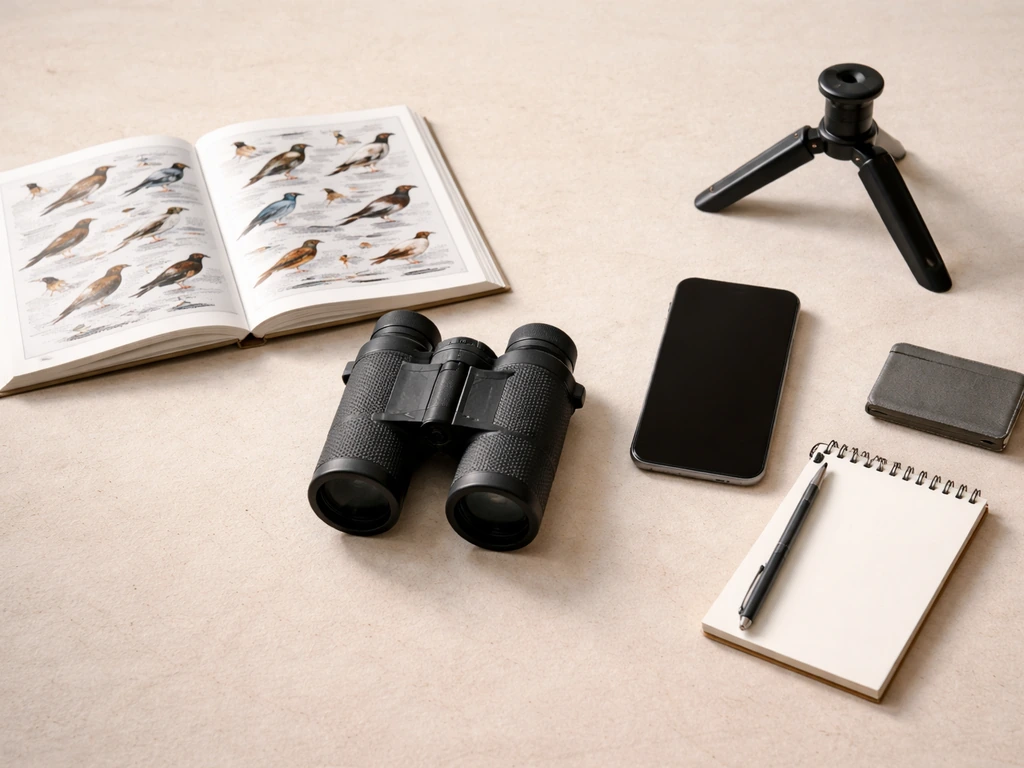 Binoculars, field guide, phone, notebook, and a small tripod on a tabletop in natural light.