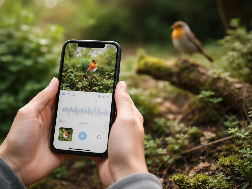 Hands holding a smartphone toward a perched bird, showing a generic bird ID app screen.