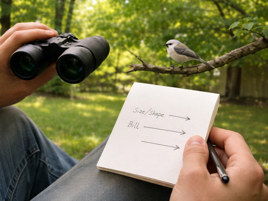 Hands with binoculars and a blank checklist page showing arrow marks for a nearby perched bird.