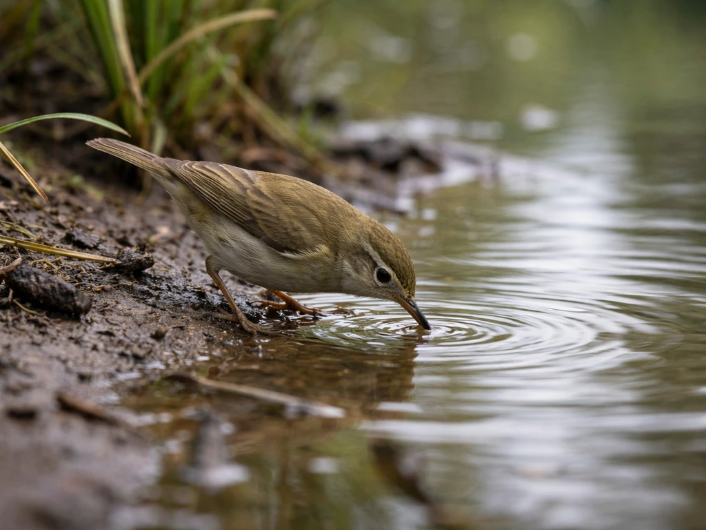 Small songbird perched at the edge of a pond near reeds, foraging in a quiet natural habitat