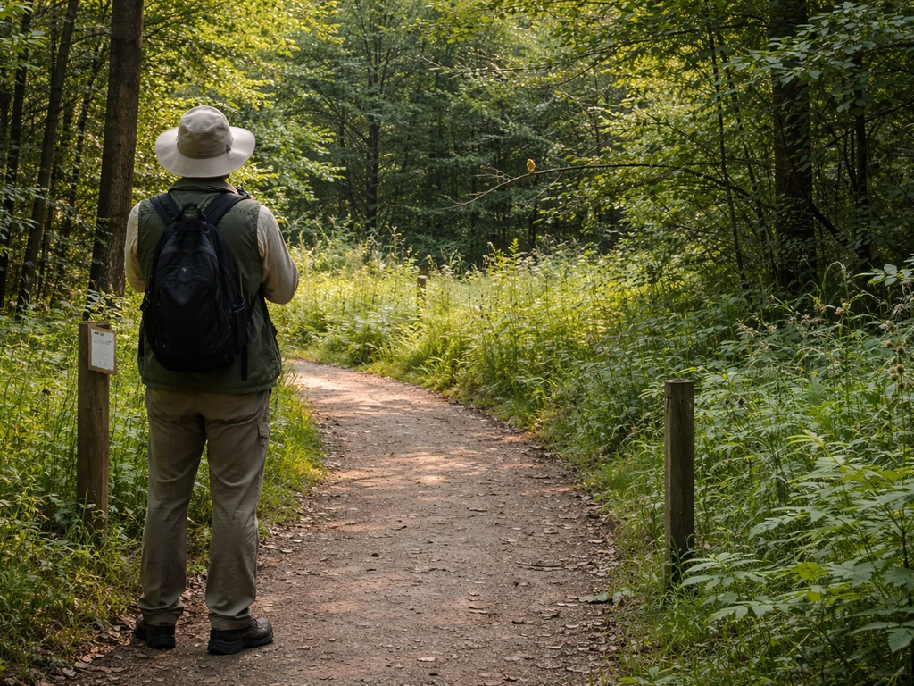 Anonymous bird watcher stays on a trail while a small bird perches undisturbed in the background.