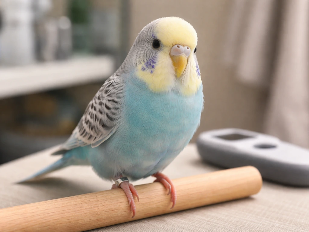 Close-up of a pet bird with a leg band next to a vet-style microchip indicator theme