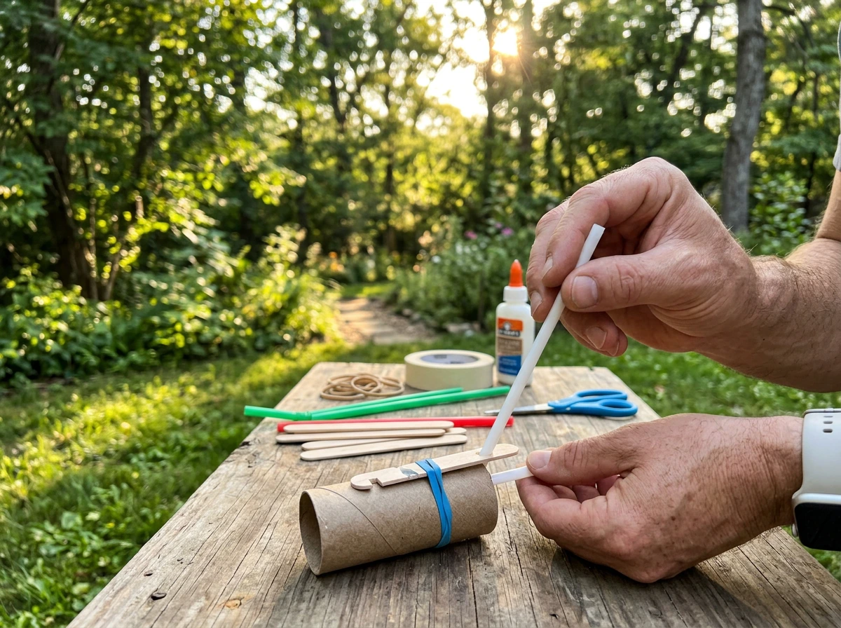 Homemade bird caller on a small DIY setup with materials ready to build and test