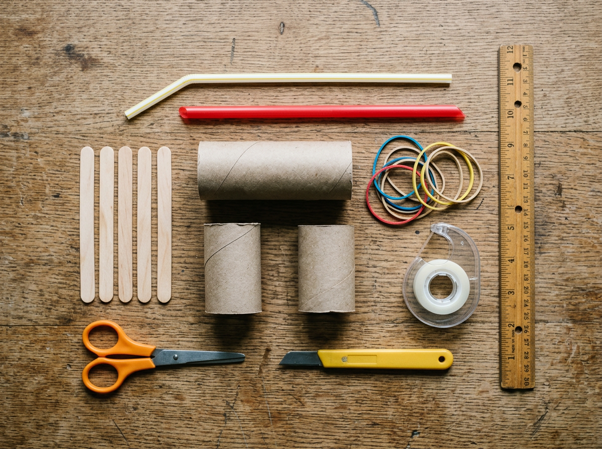 DIY bird caller materials: cardboard, straws, rubber bands, craft sticks, and blades