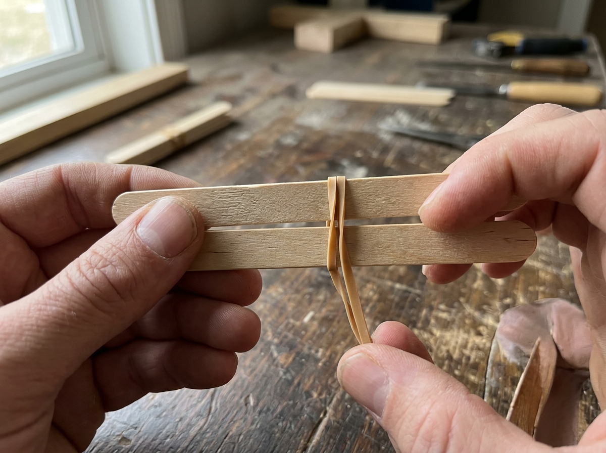 Reed/squeeze-style bird caller made with craft sticks and rubber band