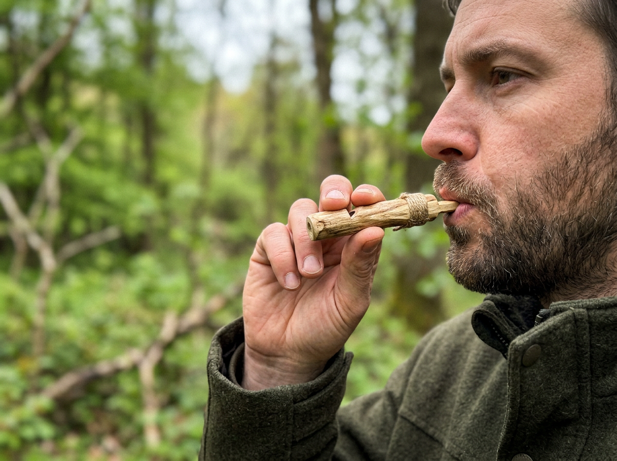 Testing pitch outdoors: bird caller held near lips