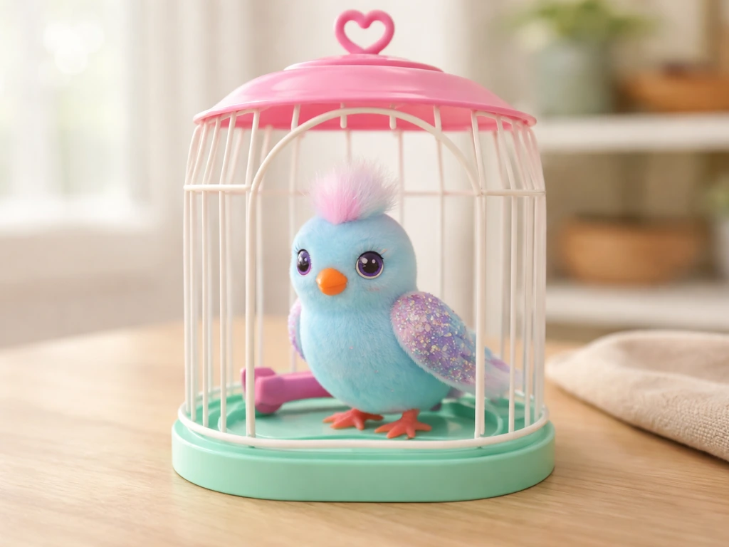 Close-up of a Skye Twinkles bird toy inside its cage on a tabletop, ready for setup and pairing.
