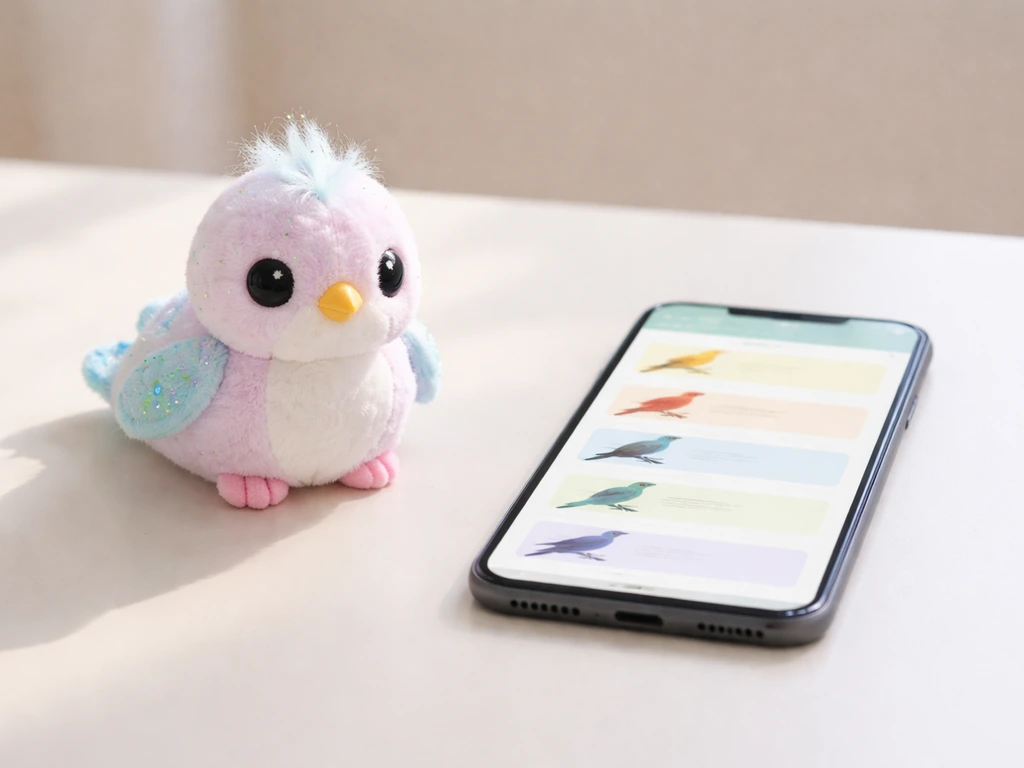 Two side-by-side images on a tabletop: a cute bird toy on the left and a generic bird app screen on a phone.