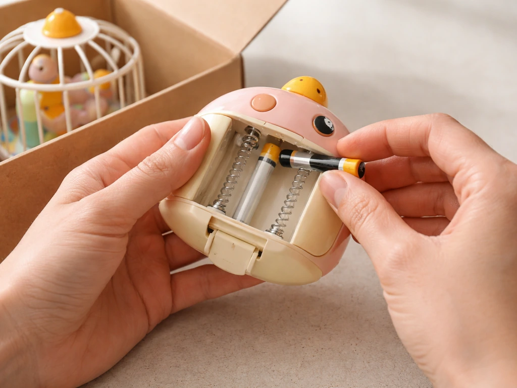 Close-up of hands inserting fresh AAA batteries into a toy bird compartment, with box cage nearby.