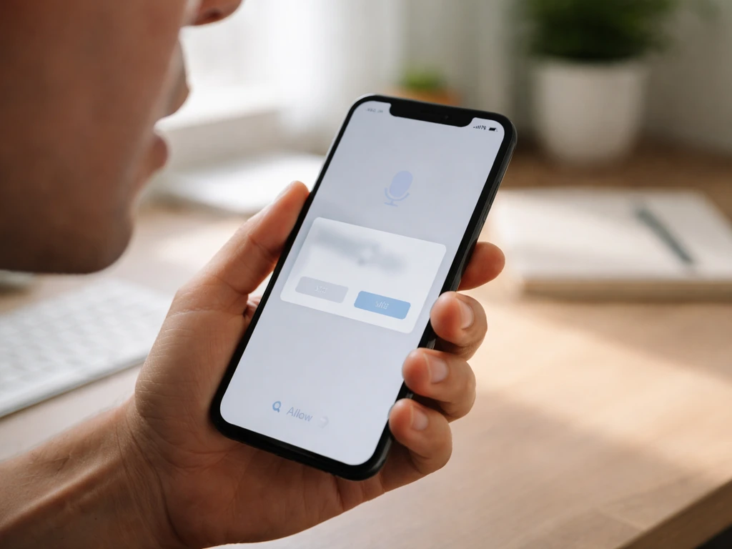 Smartphone on desk showing a microphone permission prompt while a hand holds it near the mouth.
