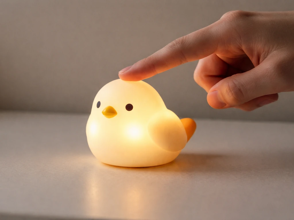 Hand tapping a small bird toy with glowing lights and a bird silhouette