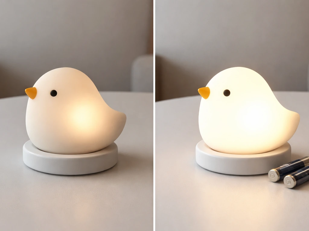 Battery-powered bird night light glowing steadily after replacing wrong AAA batteries.