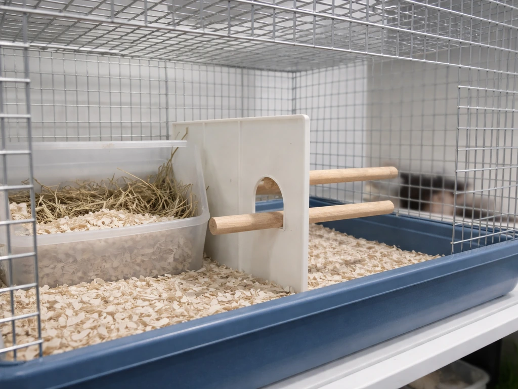 Close-up of a properly set breeding cage with nesting area and divider inside a clean animal facility.
