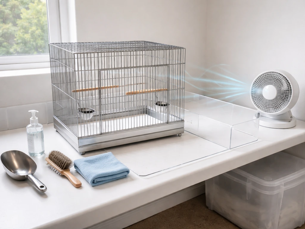 Clean, biosecure bird cage area with dedicated tools, sanitizer, and separation for quarantine/handling.