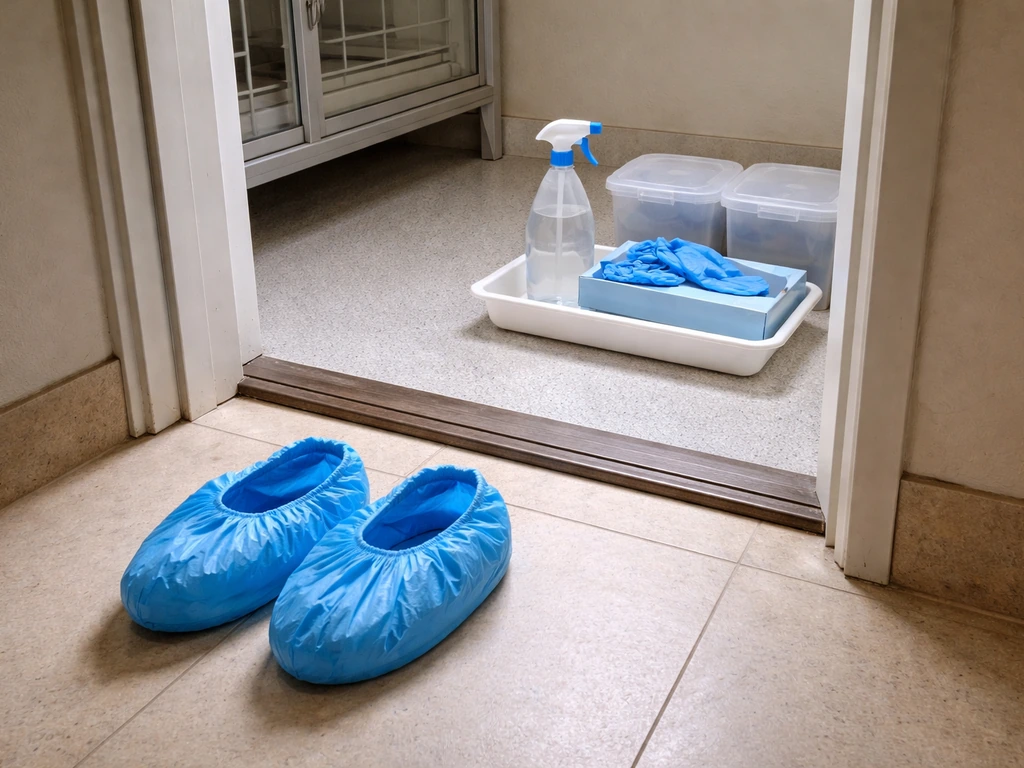 Dedicated shoe covers by a doorway with a small cleaning station of gloves and a spray bottle.