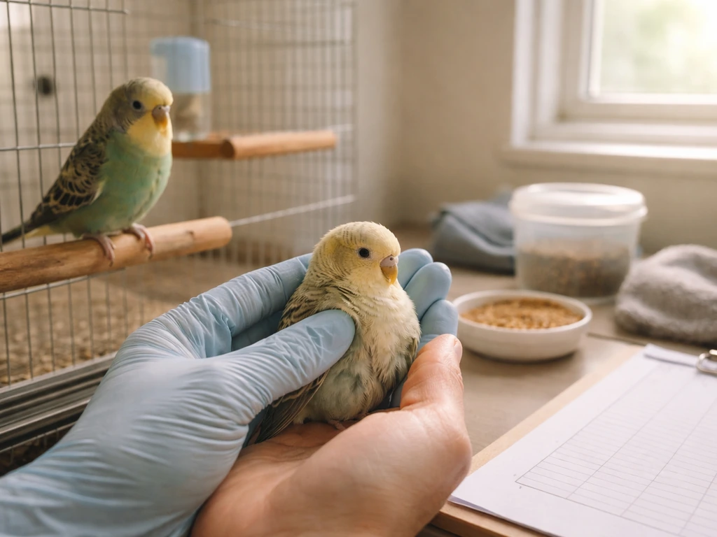 Gloved hands gently check a small breeding bird while another bird and care supplies sit nearby.