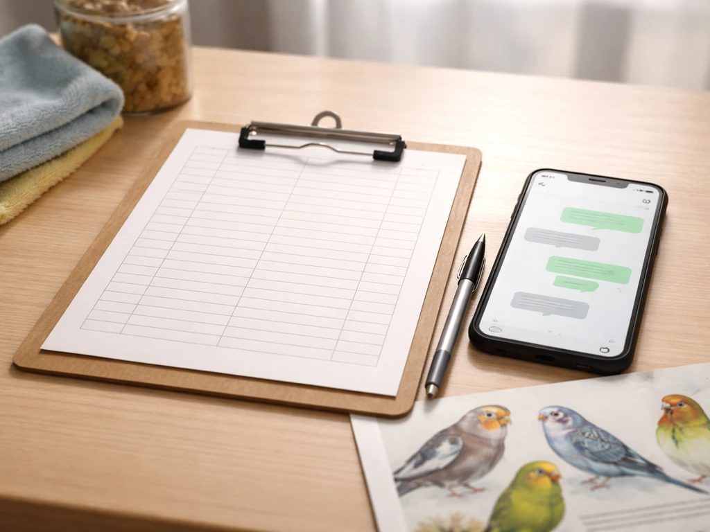 Minimal table setup with a phone showing generic messages and a bird-care sheet for pricing and buyers