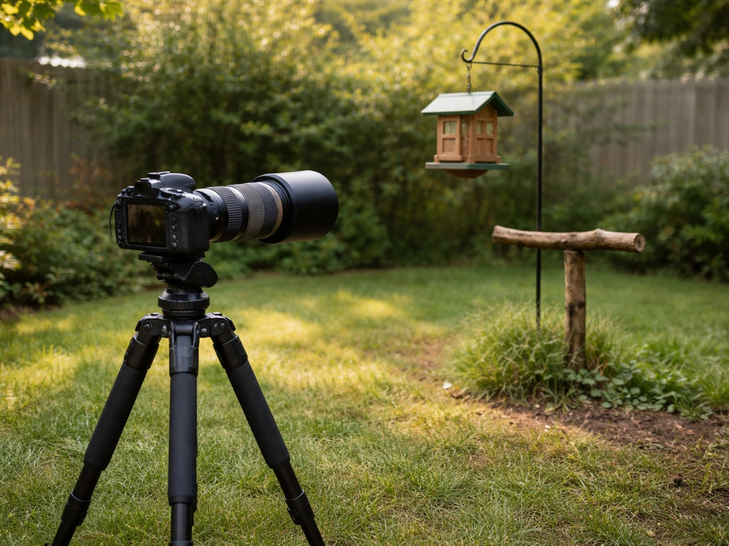 A camera on a tripod aimed at a backyard bird feeder with natural garden backdrop.