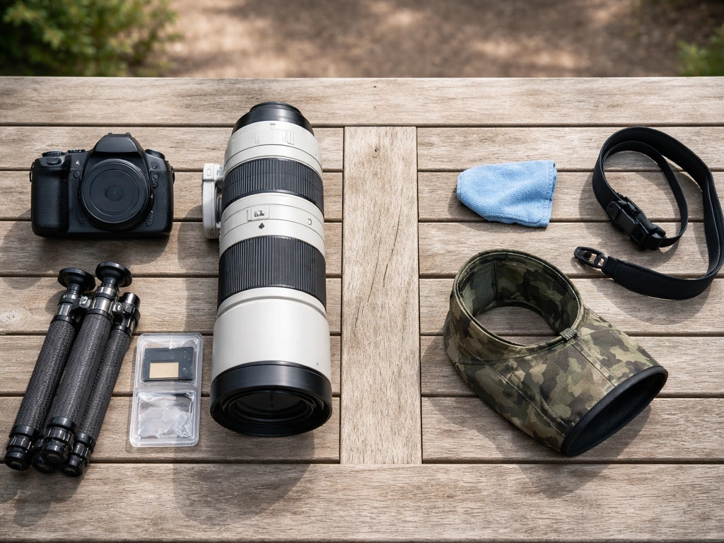 Flat-lay of essential bird-photography gear with camera, telephoto lens, tripod, memory cards, and rain cover.