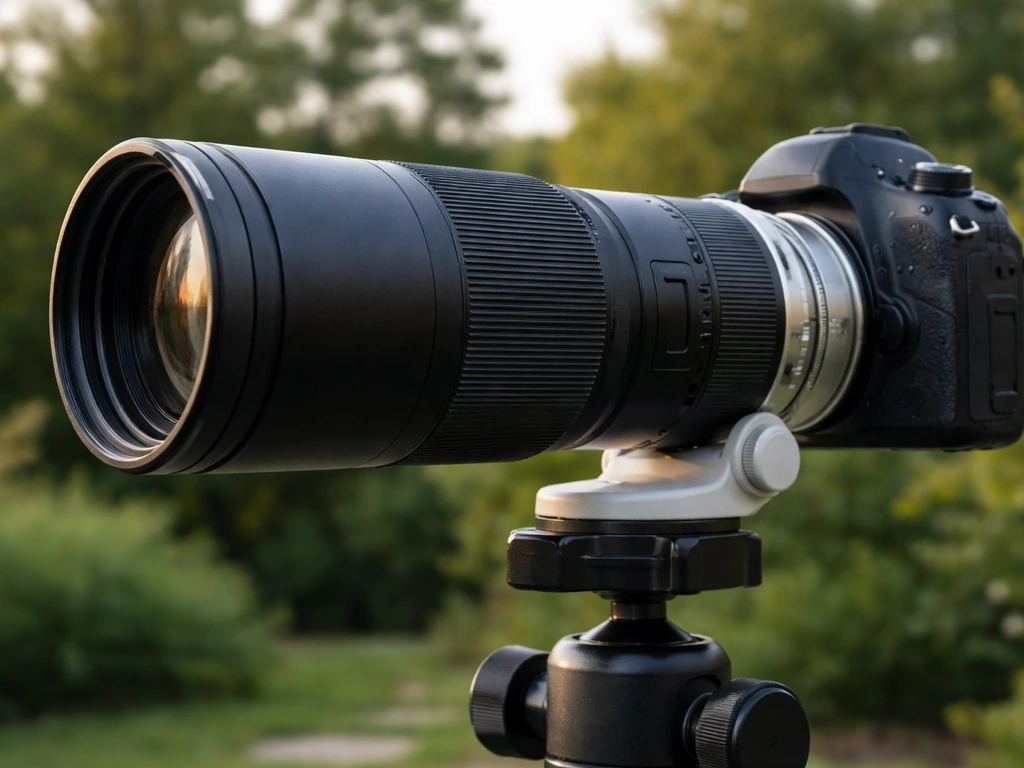 Close-up of a 400mm telephoto lens mounted on a camera, on a tripod in a softly blurred backyard.