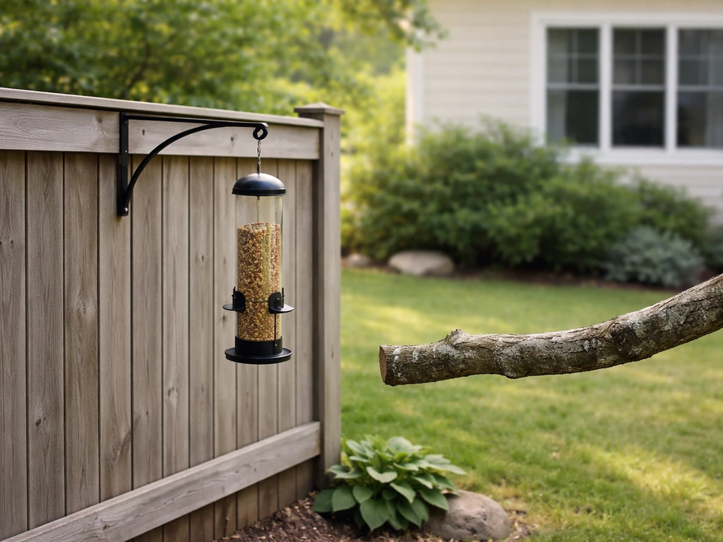 Backyard bird feeder on a fence with a nearby tree branch perch and spaced windows in the background.