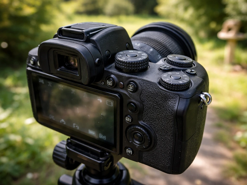 Close-up of a DSLR camera on a tripod with fast shutter settings dialed for photographing birds